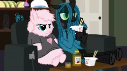 Size: 1280x720 | Tagged: apple juice, artist:mixermike622, chinese food, clothes, couch, dead space, derpibooru import, fluffle horse m.d., house m.d., marker (dead space), oc, oc:fluffle puff, plushie, queen chrysalis, safe