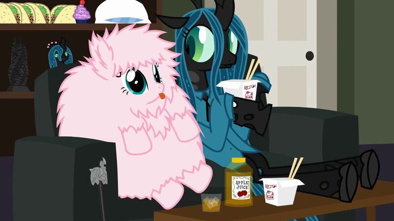 Size: 1280x720 | Tagged: apple juice, artist:mixermike622, chinese food, clothes, couch, dead space, derpibooru import, fluffle horse m.d., house m.d., marker (dead space), oc, oc:fluffle puff, plushie, queen chrysalis, safe