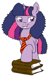 Size: 798x1255 | Tagged: safe, artist:rannva, derpibooru import, twilight sparkle, pony, unicorn, adorkable, alternate hairstyle, book, bucktooth, cosplay, cute, dork, female, harry potter, hermione granger, mare, necktie, simple background, solo, transparent background