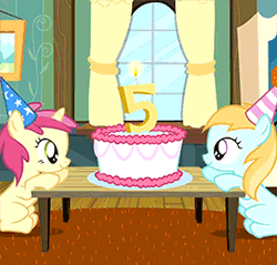 Size: 271x259 | Tagged: animated, birthday cake, cake, cheese sandwich, derpibooru import, edit, female, filly, foal, fuck physics, gravity, noodle arms, perspective flip, pinkie pride, rose petal, rosy gold, safe, screencap, stabilized, wiggle