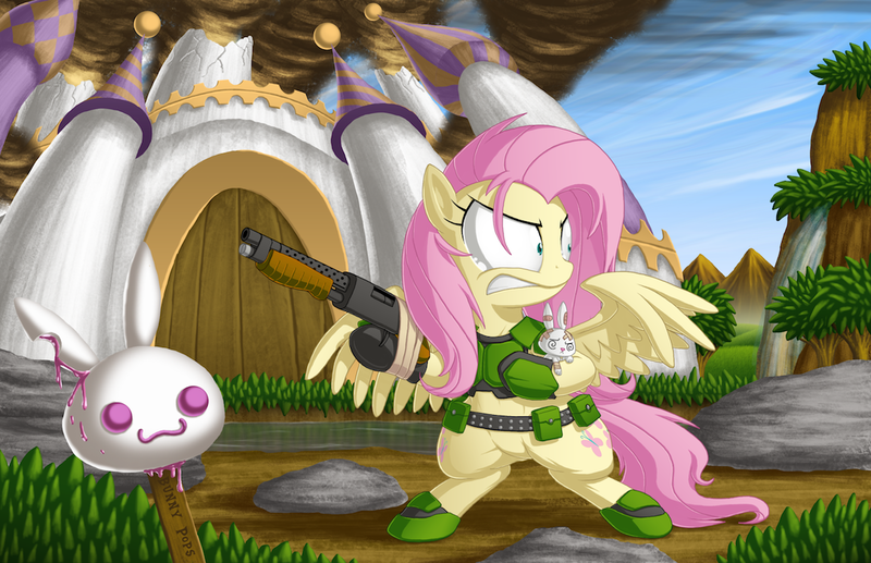 Size: 1200x776 | Tagged: safe, artist:berrypawnch, derpibooru import, angel bunny, fluttershy, pegasus, pony, angry, armor, bandaid, belt, bipedal, body armor, canterlot, crossover, doom, doomguy, female, gate, glare, gritted teeth, gun, injured, mare, parody, popsicle, ruins, shotgun, spread wings, tape, weapon, wide eyes