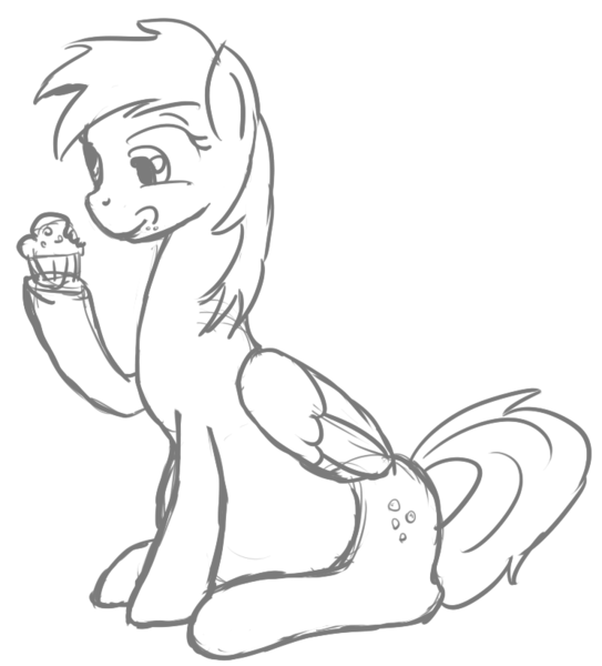 Size: 743x821 | Tagged: safe, artist:patch, derpibooru import, derpy hooves, pegasus, pony, belly, eating, female, happy, hoof hold, mare, monochrome, muffin, pregnant, sitting, sketch, smiling, solo