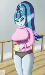 Size: 1088x1800 | Tagged: suggestive, artist:burstfire, derpibooru import, sonata dusk, equestria girls, rainbow rocks, bedroom eyes, big breasts, breasts, busty sonata dusk, clothes, female, hips, mug, ponytail, solo, solo female, sweater