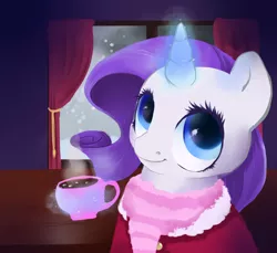 Size: 1000x915 | Tagged: artist:poniebones, clothes, coat, hot chocolate, marshmallow, rarity, rarity using marshmallows, safe, scarf, snow, snowfall, solo, winter