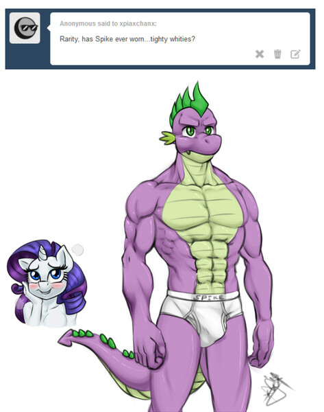 Size: 946x1200 | Tagged: questionable, artist:pia-sama, derpibooru import, rarity, spike, anthro, abs, bare chest, beefspike, briefs, clothes, crotch bulge, male, muscles, shipping, solo, solo male, sparity, spikey-whities, tighty whities, topless, underwear