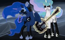 Size: 1280x800 | Tagged: safe, artist:arareroll, derpibooru import, princess celestia, princess luna, alicorn, pony, badass, black metal, clothes, corpse paint, eyes closed, female, guitar, looking at you, magic, makeup, mare, metal, microphone, open mouth, singing, smiling, spikes, stockings, telekinesis, underhoof