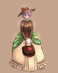 Size: 1024x1280 | Tagged: artist:mikakitty, bag, brown background, clothes, dead source, derpibooru import, dress, female, fluttershy, hat, human, humanized, medic, safe, simple background, solo, wild west