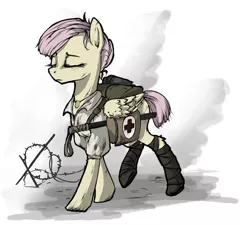 Size: 1826x1645 | Tagged: semi-grimdark, artist:madhotaru, derpibooru import, fluttershy, pegasus, pony, alternate hairstyle, anna, barbed wire, clothes, crossover, eyes closed, female, hooves, mare, medic, medical saddlebag, saddle bag, solo, valiant hearts, wings, world war i