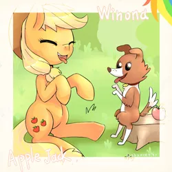 Size: 1000x1000 | Tagged: safe, artist:coldbest, derpibooru import, applejack, winona, pony, behaving like a dog, eyes closed, playing, silly, silly pony, tongue out