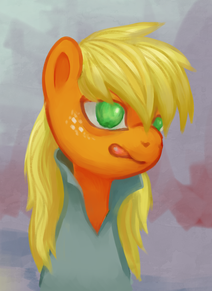 Size: 787x1077 | Tagged: safe, artist:kaermter, derpibooru import, applejack, alternate hairstyle, clothes, hatless, jappleack, loose hair, missing accessory, solo, tongue out