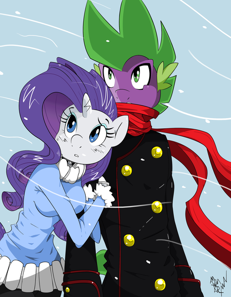 Size: 2550x3280 | Tagged: safe, artist:amostheartman, derpibooru import, rarity, spike, anthro, dragon, unicorn, clothes, female, male, shipping, snow, sparity, straight