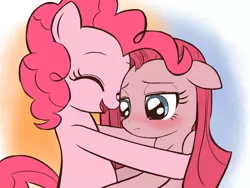 Size: 1600x1200 | Tagged: artist:momo, comforting, crying, cute, cuteamena, derpibooru import, diapinkes, duality, happy, hug, pinkamena diane pie, pinkie pie, sad, safe, self ponidox