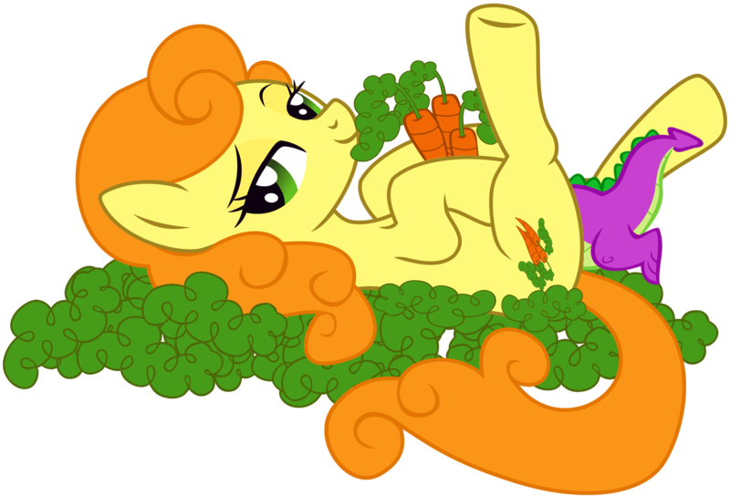 Size: 1512x1028 | Tagged: questionable, artist:leopurofriki, derpibooru import, edit, carrot top, golden harvest, spike, pony, carrotspike, foalcon, looking at you, shipping, show accurate, show accurate porn, simple background, spread legs, strategically covered, transparent background