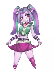 Size: 748x1000 | Tagged: suggestive, artist:kuma8696, derpibooru import, aria blaze, equestria girls, rainbow rocks, belly button, female, gem, lidded eyes, pixiv, simple background, siren gem, smiling, smirk, solo, white background