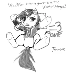 Size: 1000x1150 | Tagged: suggestive, artist:tentajack, derpibooru import, oc, oc:homage, oc:littlepip, unofficial characters only, pony, unicorn, fallout equestria, fanfic, black and white, clothes, dialogue, fanfic art, grayscale, hooves, horn, male, monochrome, open mouth, pillow, pipbuck, pipleg, pomf, rule 63, simple background, sketch, solo, solo male, text, vault suit, what are we gonna do on the bed?, white background
