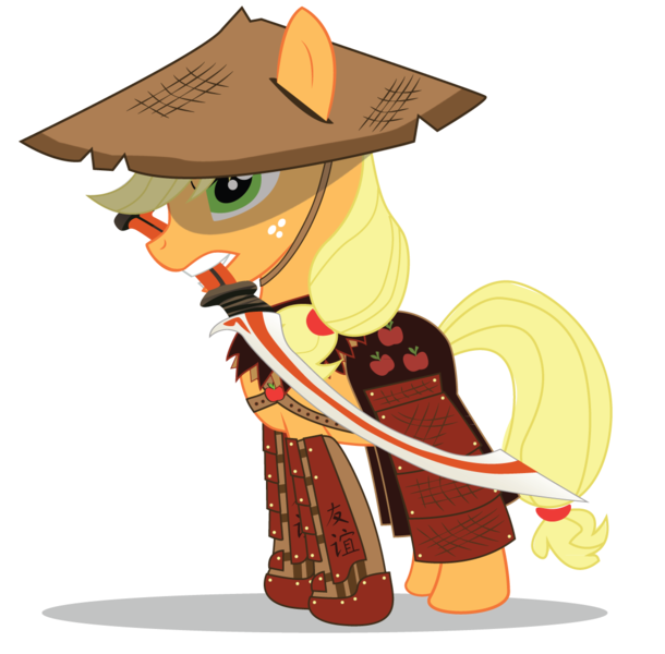 Size: 1140x1121 | Tagged: applejack, armor, artist:cxfantasy, brigandine, conical hat, derpibooru import, hat, japanese, mouth hold, safe, samurai, simple background, solo, sword, transparent background, vector, weapon