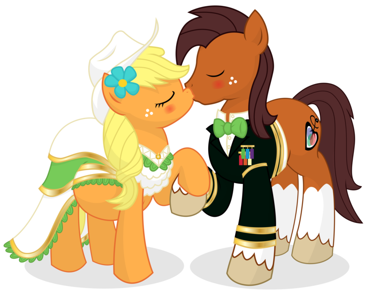 Size: 13500x10800 | Tagged: safe, artist:xniclord789x, derpibooru import, applejack, oc, oc:niku, absurd resolution, blushing, canon x oc, clothes, cowboy hat, dress, eyes closed, female, hat, holding hooves, kissing, male, nikack, pregnant, raised hoof, shipping, simple background, stetson, straight, transparent background, uniform, vector, wedding, wedding dress