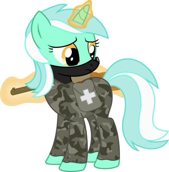 Size: 2000x2035 | Tagged: safe, artist:incognito-i, derpibooru import, lyra heartstrings, pony, unicorn, combat medic, female, glowing horn, gun, hooves, horn, levitation, magic, mare, medic, medical saddlebag, military, military uniform, saddle bag, simple background, solo, telekinesis, transparent background, vector, weapon