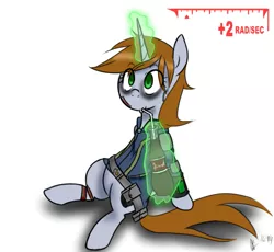 Size: 745x686 | Tagged: safe, artist:fullmetalpikmin, derpibooru import, oc, oc:littlepip, unofficial characters only, pony, unicorn, fallout equestria, fanfic, bags under eyes, clothes, drinking, fallout, fanfic art, female, geiger counter, glowing horn, hooves, horn, levitation, magic, mare, nuka cola, pipbuck, radiation, radiation poisoning, simple background, sitting, solo, straw, telekinesis, vault suit, white background, wide eyes