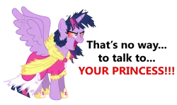 Size: 2622x1549 | Tagged: safe, artist:vincentthecrow, derpibooru import, twilight sparkle, twilight sparkle (alicorn), alicorn, pony, bloodshot eyes, clothes, dead rising, dress, female, insanity, mare, psychopath, solo, torn clothes, twilight snapple, vtc's wacky vectors