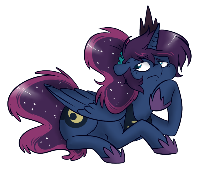 Size: 904x780 | Tagged: dead source, safe, artist:princess-hanners, derpibooru import, princess luna, luna-afterdark, alternate hairstyle, prone, simple background, solo