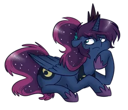 Size: 904x780 | Tagged: dead source, safe, artist:princess-hanners, derpibooru import, princess luna, luna-afterdark, alternate hairstyle, prone, simple background, solo