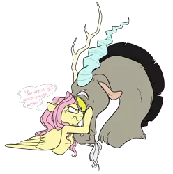 Size: 1190x1200 | Tagged: safe, artist:princess-hanners, derpibooru import, discord, fluttershy, angry, badass, crying, dialogue, flutterbadass, looking at each other, simple background, sweat, transparent background