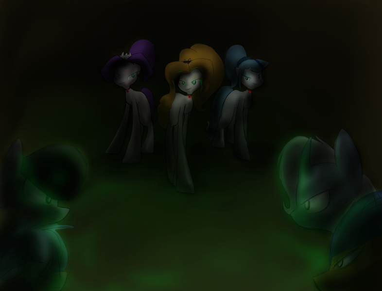 Size: 2500x1908 | Tagged: safe, artist:virtualsketcher, derpibooru import, adagio dazzle, aria blaze, flash sentry, octavia melody, sonata dusk, trixie, ponified, earth pony, pony, unicorn, equestria girls, rainbow rocks, equestria girls ponified, female, gem, glowing eyes, green, green eyes, mare, negative energy, siren gem, the dazzlings