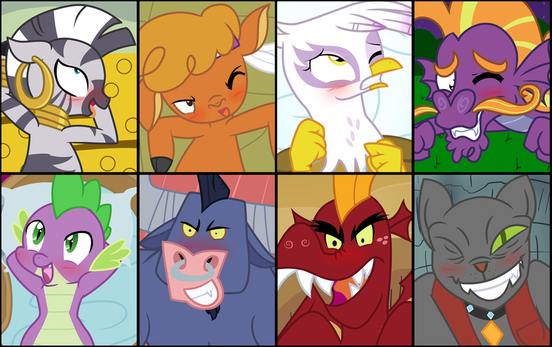 Size: 3975x2500 | Tagged: questionable, artist:pyruvate, derpibooru import, garble, gilda, iron will, little strongheart, rover, spike, steven magnet, zecora, diamond dog, dragon, gryphon, zebra, ahegao, blushing, face, foalcon, implied sex, orgasm, pov