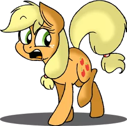 Size: 990x981 | Tagged: applejack, artist:strangiesleepy, derpibooru import, hatless, missing accessory, safe, shocked, simple background, solo, transparent background