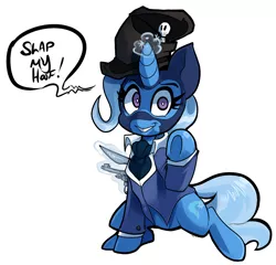 Size: 1280x1228 | Tagged: safe, artist:bluntwhiskey, derpibooru import, trixie, pony, unicorn, clothes, female, ghostly gibus, gibus, gun, hat, knife, mare, mask, meet the amazing spy, parody, solo, spy, suit, team fortress 2