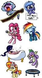 Size: 600x1091 | Tagged: safe, artist:bunnimation, derpibooru import, pinkie pie, princess luna, rainbow dash, spike, sunset shimmer, twilight sparkle, filly, random, trampoline, twiceratops, woona