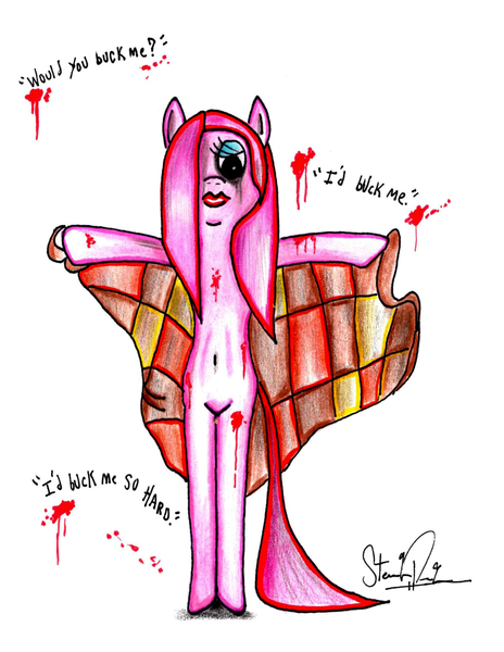 Size: 2550x3300 | Tagged: grimdark, questionable, artist:steven77769, derpibooru import, pinkie pie, pony, belly button, bipedal, buffalo bill, pinkamena diane pie, silence of the lambs, solo, traditional art