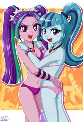 Size: 680x1000 | Tagged: suggestive, artist:uotapo, derpibooru import, edit, aria blaze, sonata dusk, equestria girls, rainbow rocks, belly button, bra, breasts, cleavage, clothes, female, gem, panties, pigtails, ponytail, siren gem, underwear, underwear edit