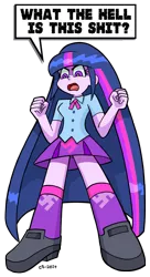 Size: 900x1650 | Tagged: safe, artist:curtsibling, derpibooru import, twilight sparkle, equestria girls, blue hair, clothes, dialogue, eyelashes, gainax, kneesocks, long hair, multicolored hair, nazi, open mouth, panties, panty and stocking with garterbelt, pink hair, purple hair, shoes, simple background, skirt, socks, solo, style emulation, swastika, underwear, vulgar, white background