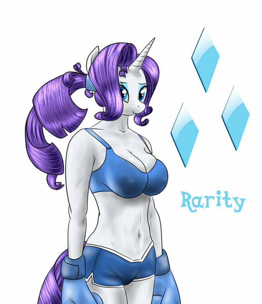 Size: 1034x1200 | Tagged: alternate hairstyle, anthro, artist:hellbridge, belly button, big breasts, boxing, boxing bra, boxing gloves, boxing shorts, breasts, busty rarity, cleavage, clothes, cutie mark, derpibooru import, female, gym shorts, midriff, ponytail, rarity, shorts, simple background, solo, solo female, sports bra, suggestive