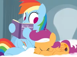 Size: 1280x960 | Tagged: artist:dtcx97, bandage, book, cute, cutie mark, derpibooru import, eyes closed, hoof hold, older, post-crusade, prone, rainbow dash, rainbow dash's house, reading, safe, scootaloo, scootalove, sisters, sleeping, tumblr