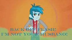 Size: 1920x1088 | Tagged: safe, derpibooru import, screencap, thunderbass, equestria girls, rainbow rocks, background human, blue text, image macro, meme, solo