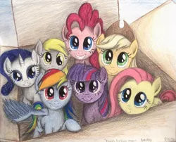 Size: 994x804 | Tagged: safe, artist:thefriendlyelephant, derpibooru import, applejack, derpy hooves, fluttershy, pinkie pie, rainbow dash, rarity, twilight sparkle, pegasus, pony, :i, alternate mane seven, box, c:, cute, female, grin, hnnng, looking at you, mane six, mare, pony in a box, smiling, squee, traditional art, weapons-grade cute