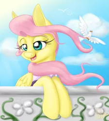 Size: 719x800 | Tagged: artist:unisoleil, balcony, bird, clothes, derpibooru import, everyday a little death, fluttershy, open mouth, safe, shycedes, singing, solo, the count of monte cristo, the count of monte rainbow