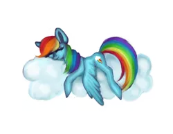 Size: 900x700 | Tagged: artist:orangeritsu, cloud, derpibooru import, rainbow dash, safe, sleeping, solo