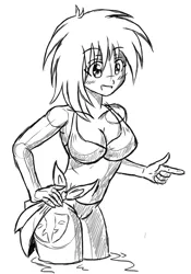 Size: 1056x1508 | Tagged: artist:ruhisu, belly button, bikini, cleavage, clothes, commission, cutie mark, derpibooru import, female, gift art, human, humanized, monochrome, oc, oc:amber drop, pointing, safe, short hair, smiling, solo, standing, summer, swimsuit, unofficial characters only, water