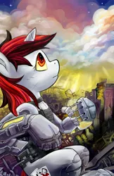 Size: 828x1280 | Tagged: safe, artist:hobbes-maxwell, derpibooru import, oc, oc:blackjack, unofficial characters only, cyborg, pony, unicorn, fallout equestria, fallout equestria: project horizons, fanfic, augmented, cloud, cutie mark, cyber legs, fallout, fanfic art, female, hooves, horn, level 1 (project horizons), mare, ruins, solo