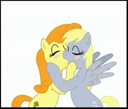 Size: 3189x2733 | Tagged: safe, artist:e-guardias, derpibooru import, carrot top, derpy hooves, golden harvest, pegasus, pony, blushing, derpytop, female, kissing, lesbian, mare, shipping, simple background, white background