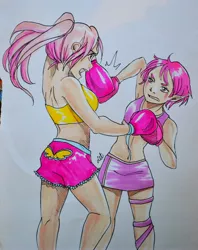 Size: 2780x3511 | Tagged: aelita schaeffer, artist:letwork, belly button, boxing gloves, clothes, code lyoko, crossover, derpibooru import, fluttershy, human, humanized, midriff, safe, skirt, sports bra, traditional art