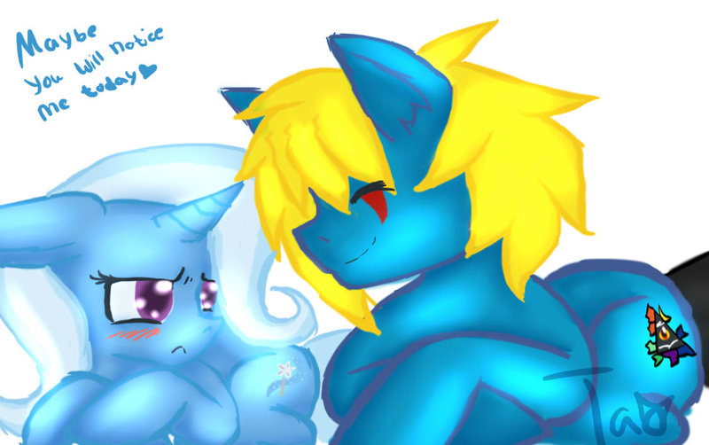 Size: 800x502 | Tagged: safe, artist:taokakabom, derpibooru import, trixie, oc, blushing, canon x oc