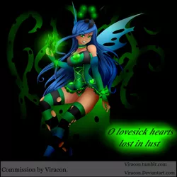 Size: 800x800 | Tagged: suggestive, artist:viracon, derpibooru import, queen chrysalis, human, breasts, busty queen chrysalis, clothes, corset, dark skin, female, horned humanization, humanized, magic, sitting, socks, solo, striped socks, winged humanization