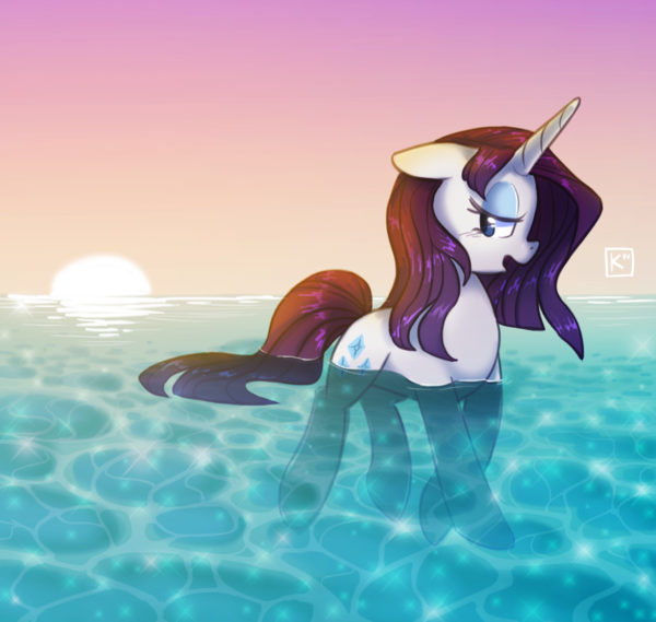 Size: 600x569 | Tagged: artist:radioactive-k, buoyant, derpibooru import, floating, hawaii, ocean, rarity, safe, solo, sunset, water, wet, wet mane, wet mane rarity