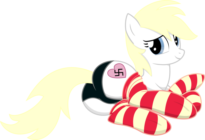 Size: 1500x1024 | Tagged: artist:incognito-i, clothes, derpibooru import, female, heart, looking at you, looking back, nazi, oc, oc:aryanne, panties, plot, prone, simple background, smiling, socks, solo, solo female, suggestive, swastika, transparent background, underwear, unofficial characters only, vector