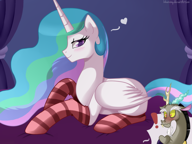 Size: 776x583 | Tagged: suggestive, artist:hikariviny, derpibooru import, discord, princess celestia, bedroom eyes, blushing, clothes, dislestia, exclamation point, female, frown, heart, looking at you, male, prone, shipping, smiling, socks, straight, striped socks, wavy mouth, wide eyes